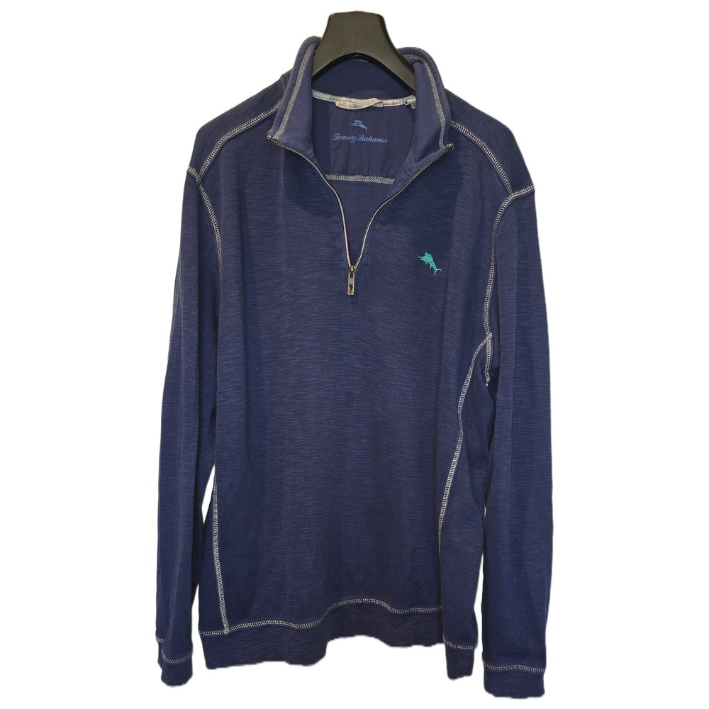 Tommy Bahama Mens 2XLT Blue Quarter Zip Pullover Cotton Tencel Marl Sweater